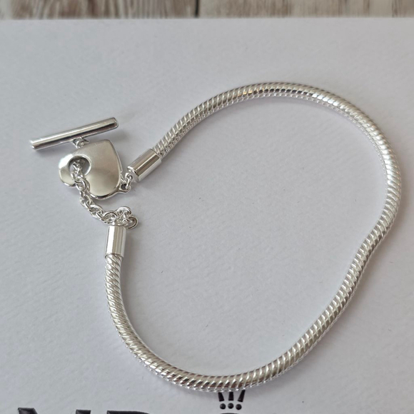 Pandora Silver Snake Chain Heart T-Bar Bracelet Size 8.25 - Picture 5 of 5